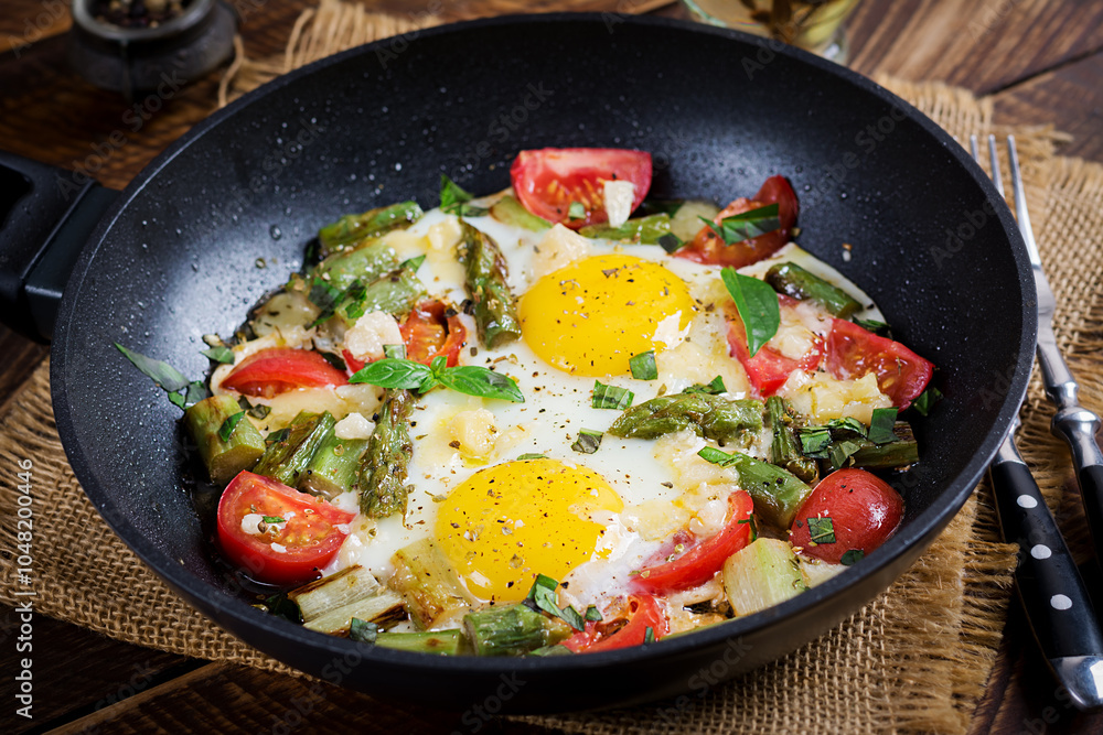 Vegetarian breakfast. Fried asparagus with roasted eggs and cheese. Ketogenic diet. Healthy food. Vegetarian breakfast. Fried asparagus with roasted eggs and cheese. Ketogenic diet. Healthy food.