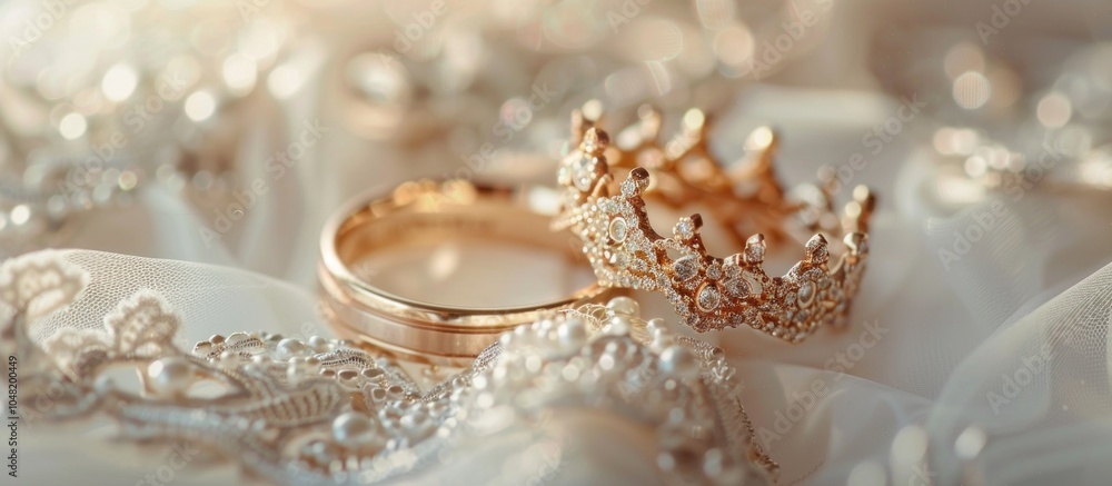Wedding Rings and Crown on Lace Fabric Wedding Rings and Crown on Lace Fabric