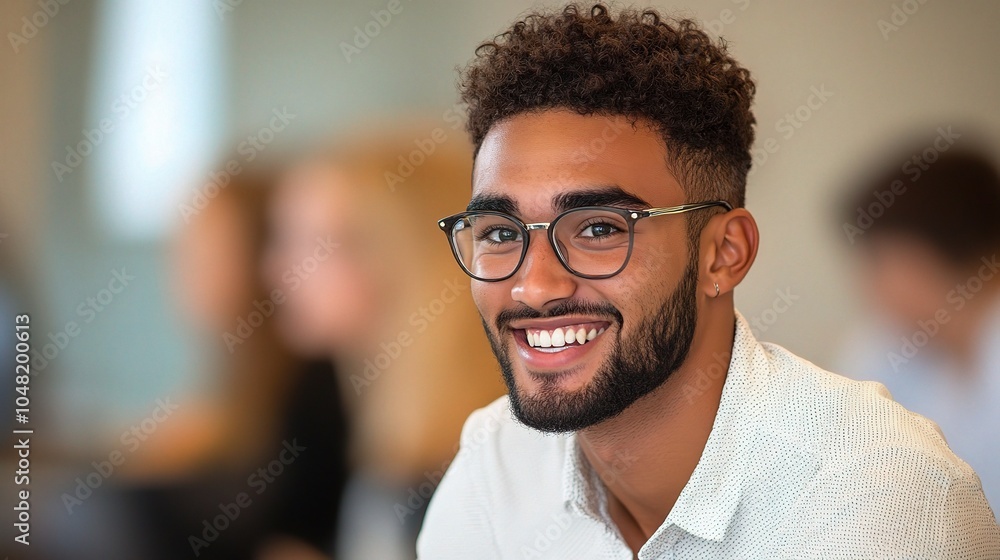 Happy Young Man with Glasses Smiling in Office Environment Happy Young Man with Glasses Smiling in Office Environment