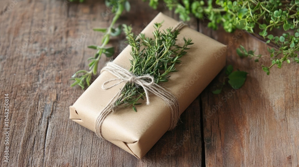 An eco-friendly gift wrapped in brown paper with greenery and twine, set against a natural wooden background. An eco-friendly gift wrapped in brown paper with greenery and twine, set against a natural wooden background.