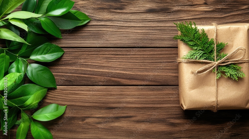 An eco-friendly gift wrapped in brown paper with greenery and twine, set against a natural wooden background. An eco-friendly gift wrapped in brown paper with greenery and twine, set against a natural wooden background.