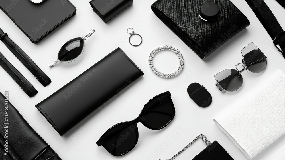 Black and white accessories in flat lay format, with sunglasses, bag, and jewelry arranged for an organized, monochrome look. Black and white accessories in flat lay format, with sunglasses, bag, and jewelry arranged for an organized, monochrome look.
