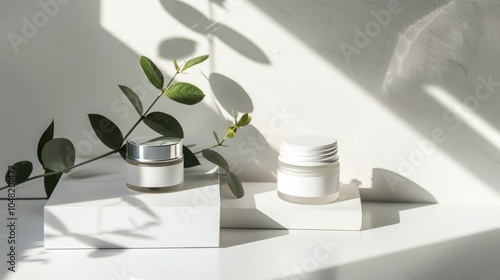 Wallpaper Mural Natural Beauty Essentials: Two minimalist skincare jars, bathed in soft sunlight, sit alongside a sprig of eucalyptus. Torontodigital.ca