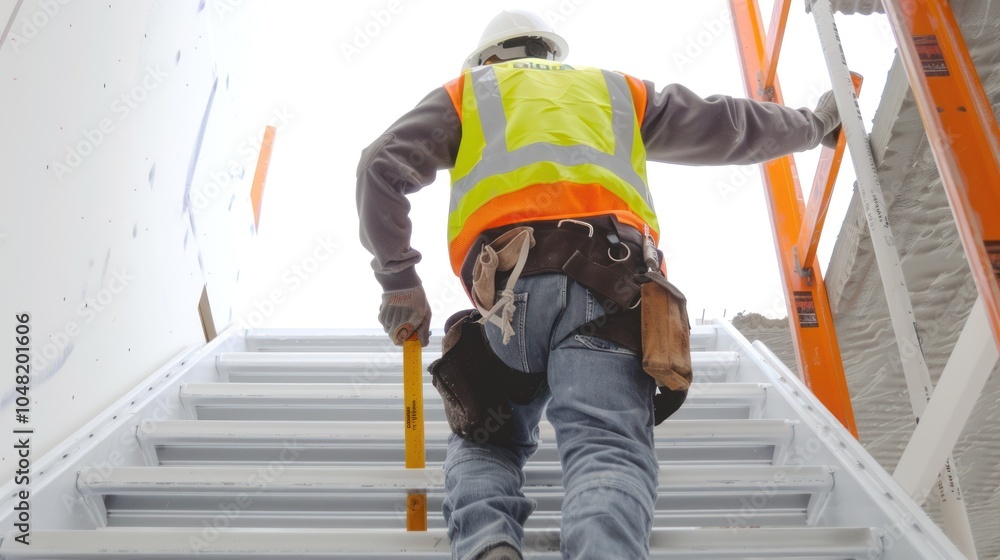 Construction Worker Ascending Metal Stairs with a Tool Construction Worker Ascending Metal Stairs with a Tool