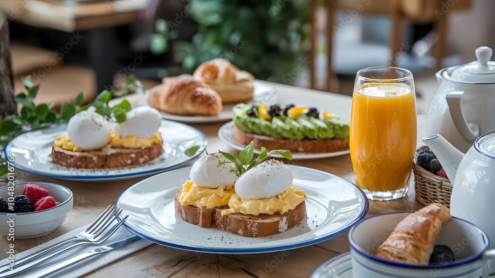 an elegant gourmet brunch spread with poached eggs on toast, avocado toast, and a glass of freshly squeezed orange juice an elegant gourmet brunch spread with poached eggs on toast, avocado toast, and a glass of freshly squeezed orange juice