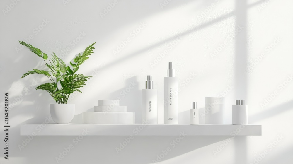 Bright minimalist display with white backgrounds and limited products; space for brand logos or text in clean areas, modern aesthetic. Bright minimalist display with white backgrounds and limited products; space for brand logos or text in clean areas, modern aesthetic.