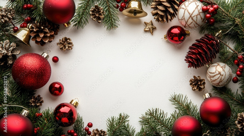 Christmas frame of shiny baubles, pine branches, and bells in a circular layout with white space in the center. Christmas frame of shiny baubles, pine branches, and bells in a circular layout with white space in the center.