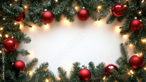 Christmas frame with green fir branches, red ornaments, and twinkling fairy lights framing a white background for holiday messages.