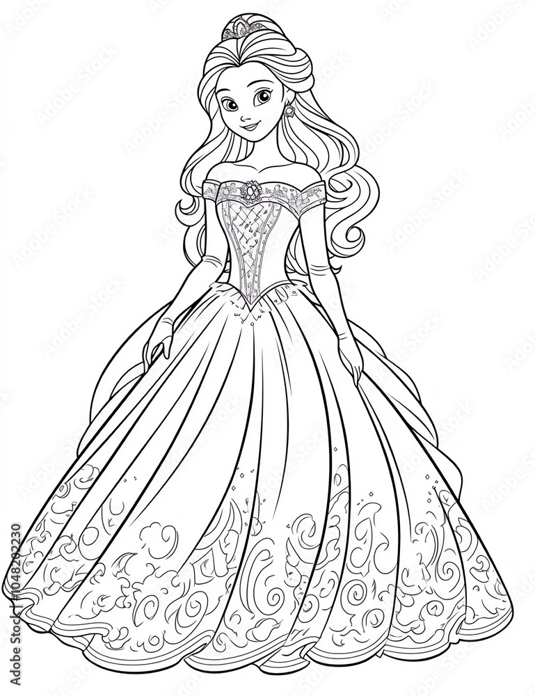 Fototapeta premium A beautiful princess in an elegant ball gown, coloring page for girls aged 4-8 years old