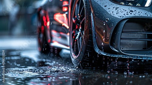 Wet front lip splitter with glistening raindrops parked by a curb