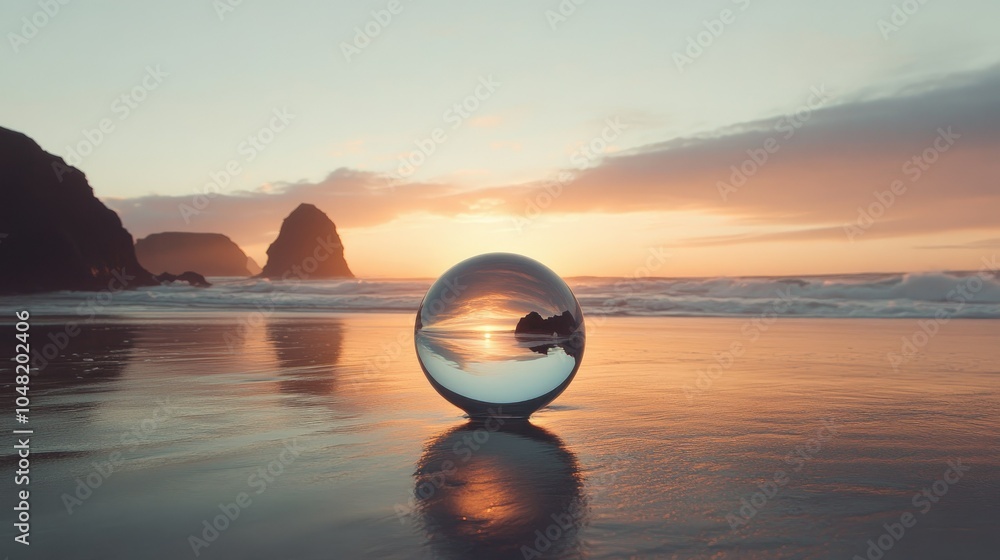 Clear orb resting on a beach at sunset, mirroring the sky and ocean waves in a unique, captivating lens of nature.