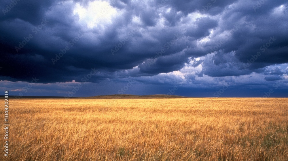 Moody Countryside Landscape with Dark Storm Clouds Gathering Over Golden Wheat Field, Creating Anticipation