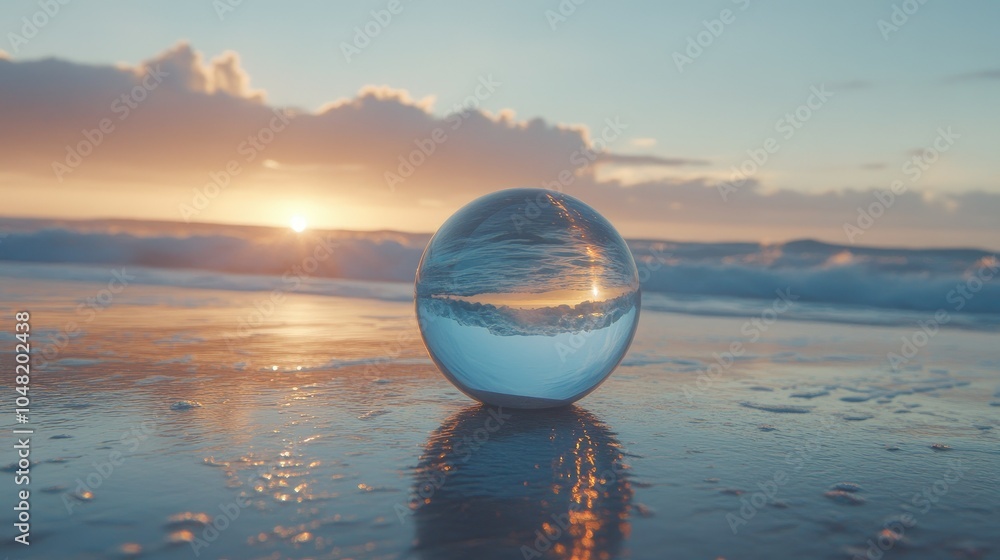 Clear orb resting on a beach at sunset, mirroring the sky and ocean waves in a unique, captivating lens of nature.