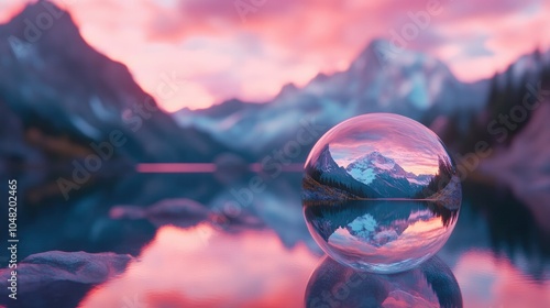 Close-up of a crystal orb capturing a picturesque lake view, inverting the scene with magical reflections of nature. photo