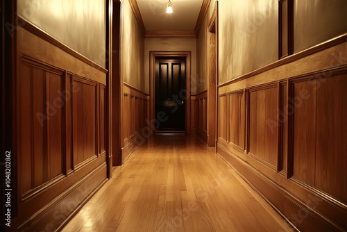 木の壁に囲まれた長い廊下 | Long Hallway with Wooden Cabinets