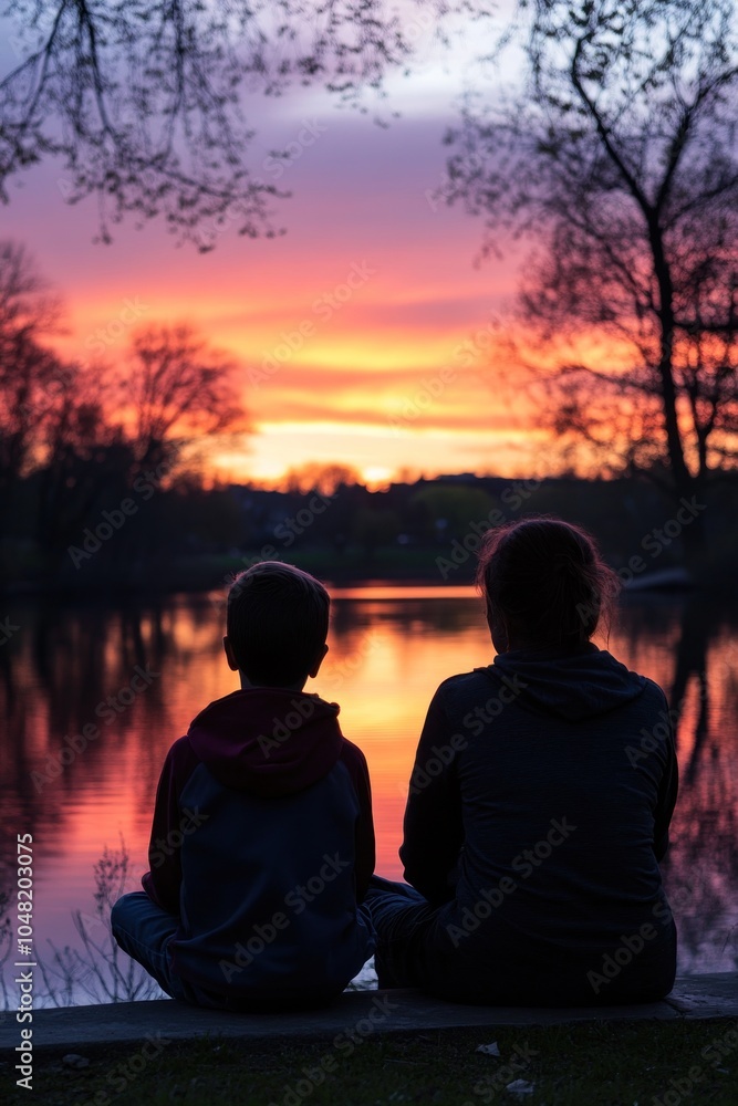 Fototapeta premium Two figures sit by a lake, watching a vibrant sunset reflected on the water.