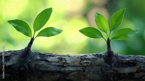 Close-up of young leaves growing on an old branch, showing renewal in naturecycle photo