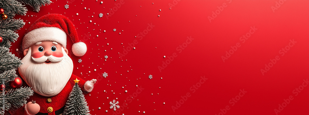 cartoon santa claus and Christmas tree on red background cartoon santa claus and Christmas tree on red background