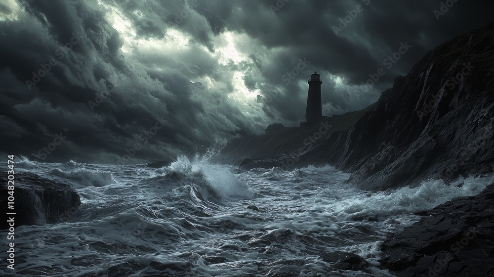Obraz premium Resilient Lighthouse: Symbol of Strength Facing Storm - Ultra-Detailed Coastal Landscape Photography