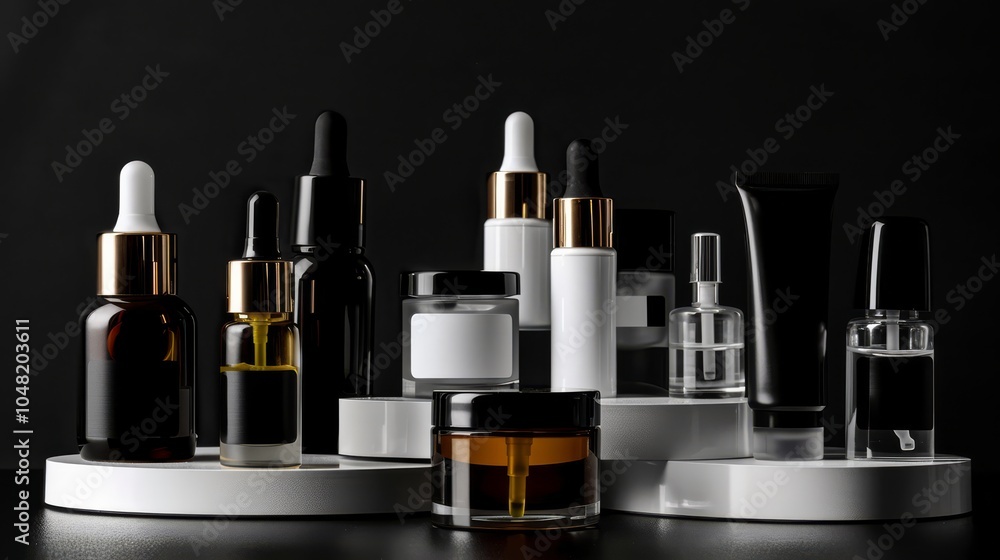 Luxury Skincare Collection: Elegant amber and white bottles of serum, cream, and lotion displayed on minimalist white platforms against a dramatic black background. Luxury Skincare Collection: Elegant amber and white bottles of serum, cream, and lotion displayed on minimalist white platforms against a dramatic black background.
