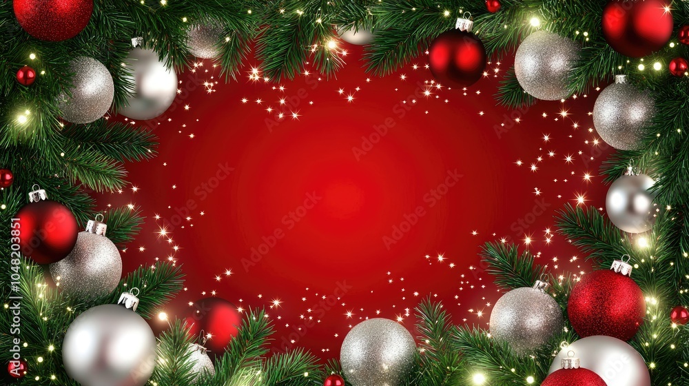 Elegant Christmas ornament border with green pine branches, red and silver ornaments, and twinkling lights framing a white center. Elegant Christmas ornament border with green pine branches, red and silver ornaments, and twinkling lights framing a white center.