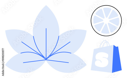 Simple blue flower with five petals, a circular citrus slice, and a shopping bag with the letter S. Ideal for nature, health, wellness, eco-friendly products, and online shopping themes. Minimalist