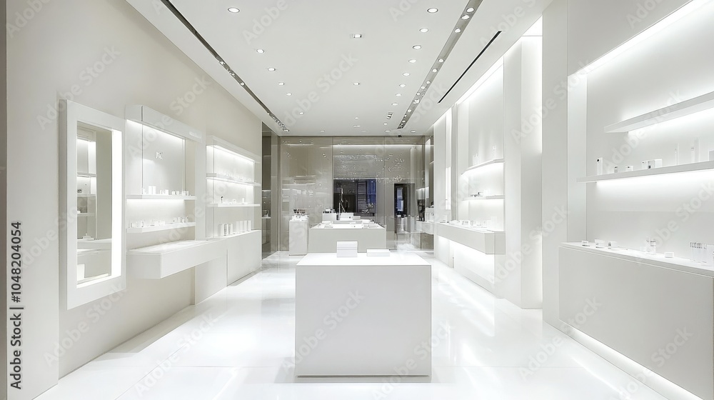 Elegant shop display in all-white with modern fixtures, sleek lighting, and a few minimal products; spacious and stylish. Elegant shop display in all-white with modern fixtures, sleek lighting, and a few minimal products; spacious and stylish.