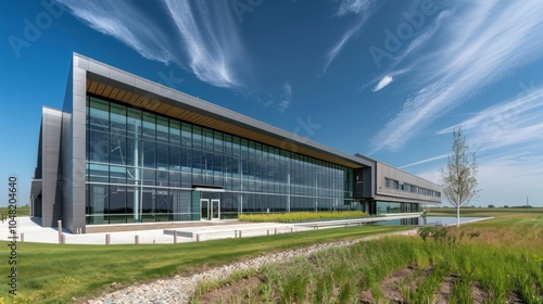 Modern Glass and Steel Office Building with a Reflecting Pond in Front