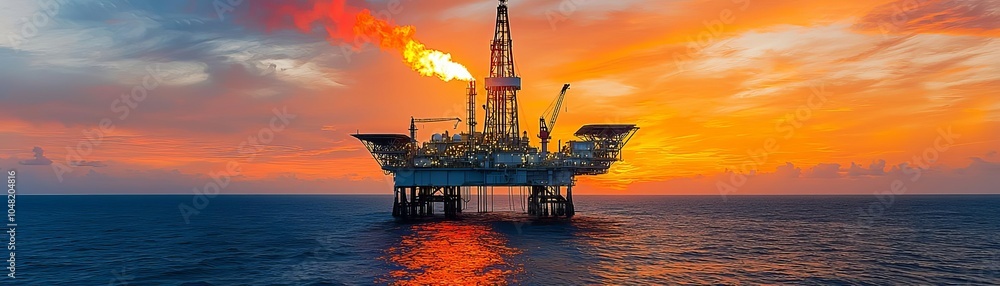 Oil platform with flaring tower against the backdrop of a sunset, orange and red hues illuminating the sky, reflections on water, powerful industrial aesthetic Oil platform with flaring tower against the backdrop of a sunset, orange and red hues illuminating the sky, reflections on water, powerful industrial aesthetic