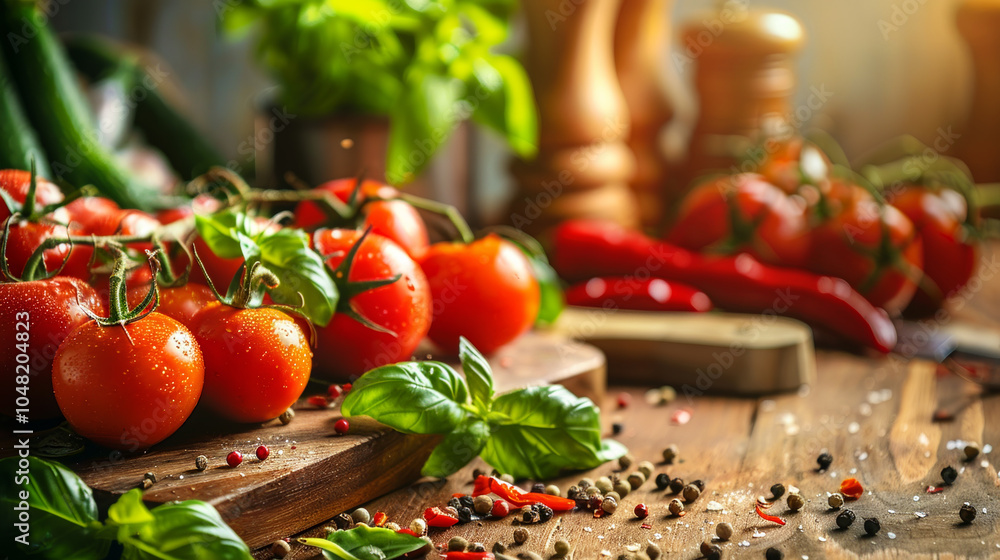 A wooden table with a variety of fresh vegetables and herbs, including basil A wooden table with a variety of fresh vegetables and herbs, including basil