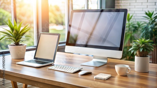 Computer Desktop With Digital Tablet And Mobilephone On Desk