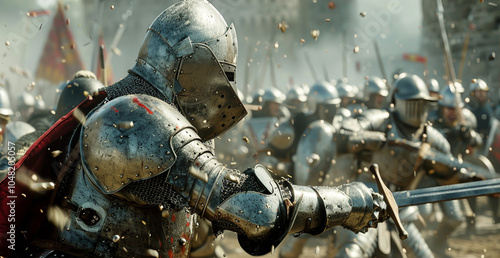 A man in a suit of armor is fighting in a battle photo