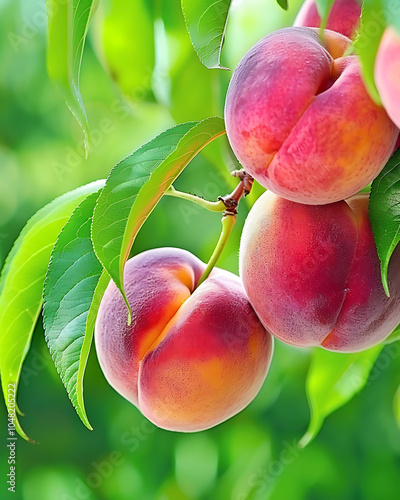 A close-up of ripe peaches hanging from the branch and Peach tree with fresh ripe organic peaches. 