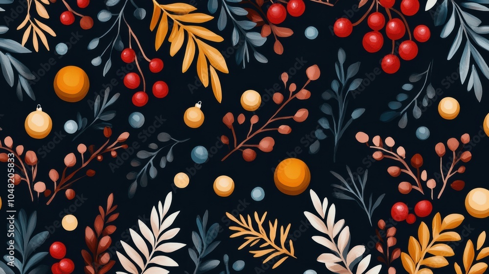 Naklejka premium Seamless Festive Pattern of Winter Foliage and Berries on Dark Background