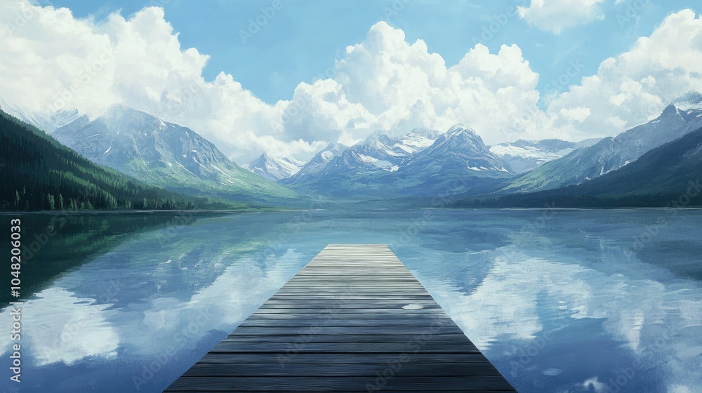 Minimalist pier on a quiet lake, with gentle reflections of the mountains and clouds, evoking calm and simplicity. Minimalist pier on a quiet lake, with gentle reflections of the mountains and clouds, evoking calm and simplicity.