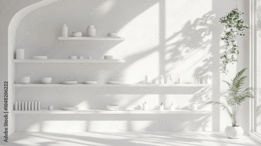 Obraz premium Minimalist shop design, open white shelves with curated items, soft shadows, and plenty of empty space for a modern look.
