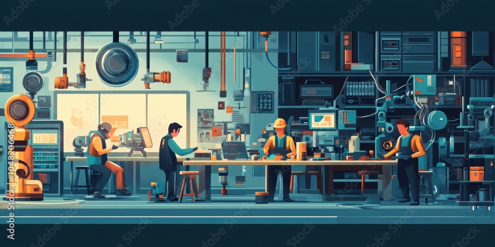 Fototapeta premium Industrial workspace with four workers.