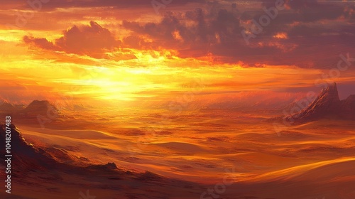 A warm sunset over a desert with high sand dunes, creating a surreal and captivating visual experience in a golden glow