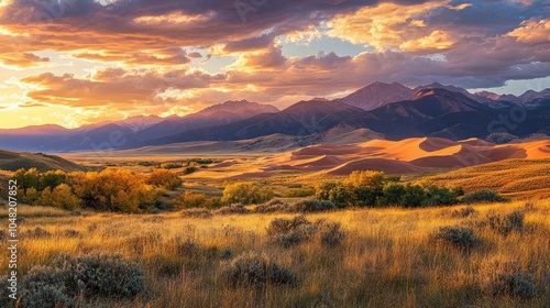 High desert dunes under a golden sunset, the warm light casting a surreal, captivating glow over the landscape