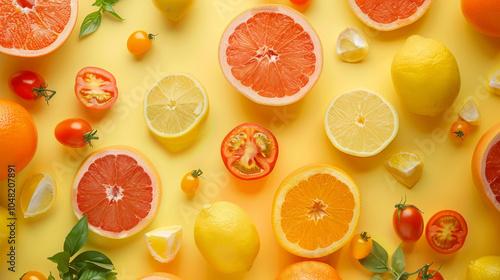 A colorful fruit salad with oranges, lemons, and tomatoes