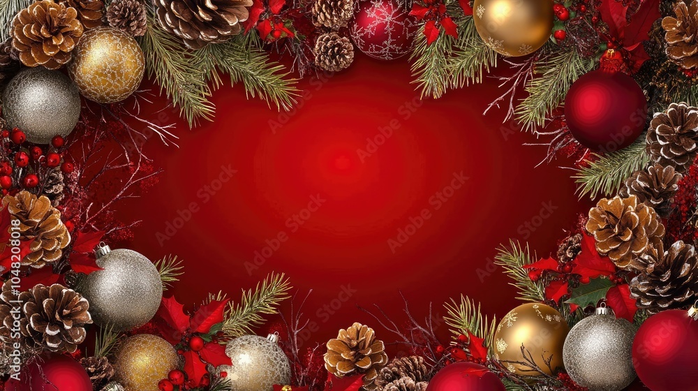 Red, gold, and silver Christmas ornaments with holly and pinecones framing a white center, ideal for holiday greeting cards. Red, gold, and silver Christmas ornaments with holly and pinecones framing a white center, ideal for holiday greeting cards.