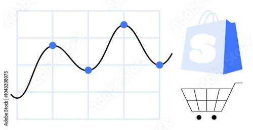 Graph with fluctuating sales data points represented by a line chart. Adjacent are icons of a shopping bag and cart. Ideal for data analysis, business growth, online stores, retail strategy