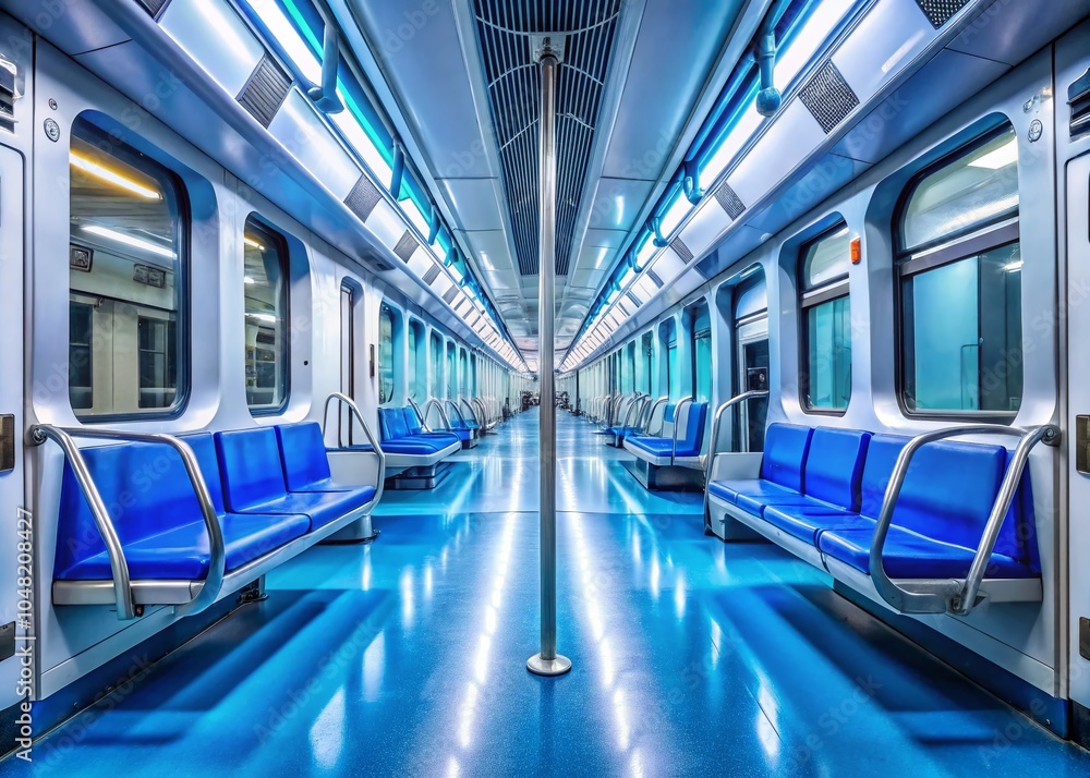 Fototapeta premium Empty Metro Train Interior with Blue Floor and Copy Space for Urban Transportation Photography