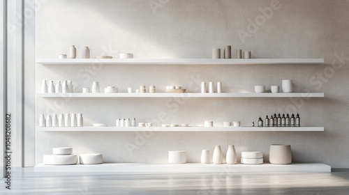 Simplistic retail display, white shelving with neatly organized products against a light wall, emphasizing spaciousness and cleanliness.