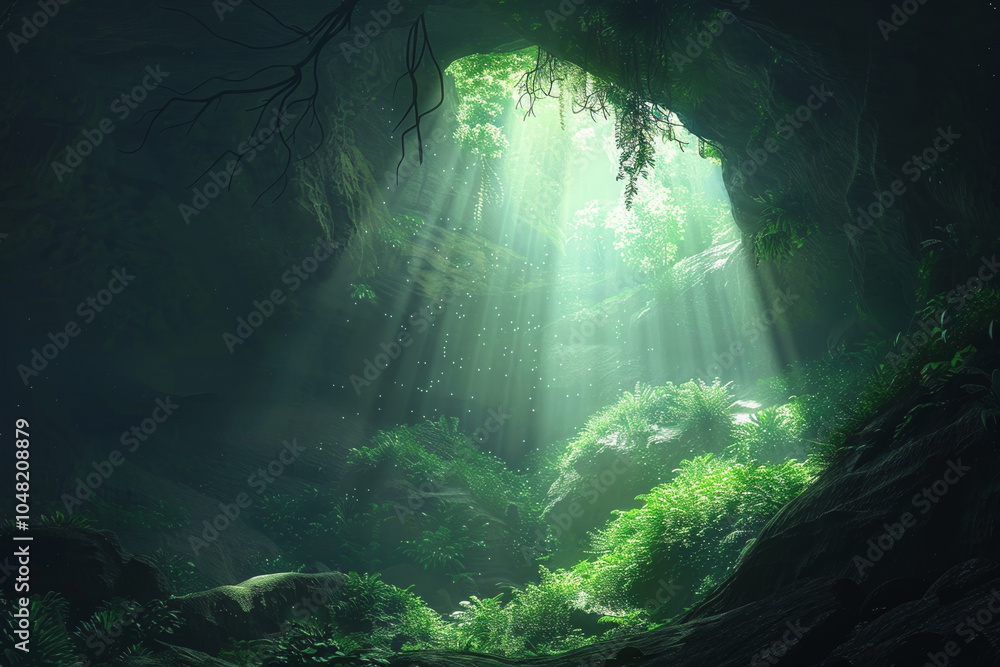 A cave with sunlight shining through the trees A cave with sunlight shining through the trees