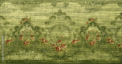  close-up of green fabric with intricate floral pattern and textured appearance. ornate gold and silver frame with floral patterns against a blue background. 