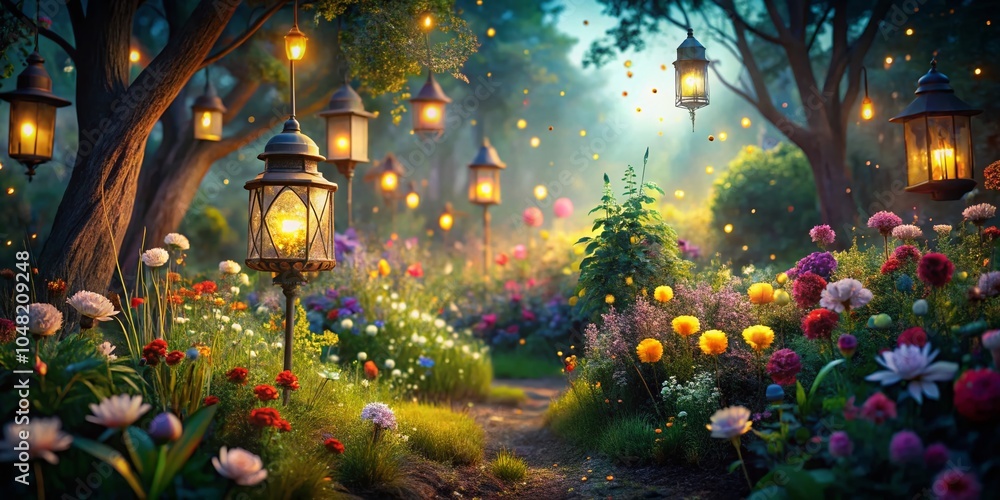 Enchanted Garden of Generative AI with Fireflies and Lamps - Bokeh Effect Enchanted Garden of Generative AI with Fireflies and Lamps - Bokeh Effect
