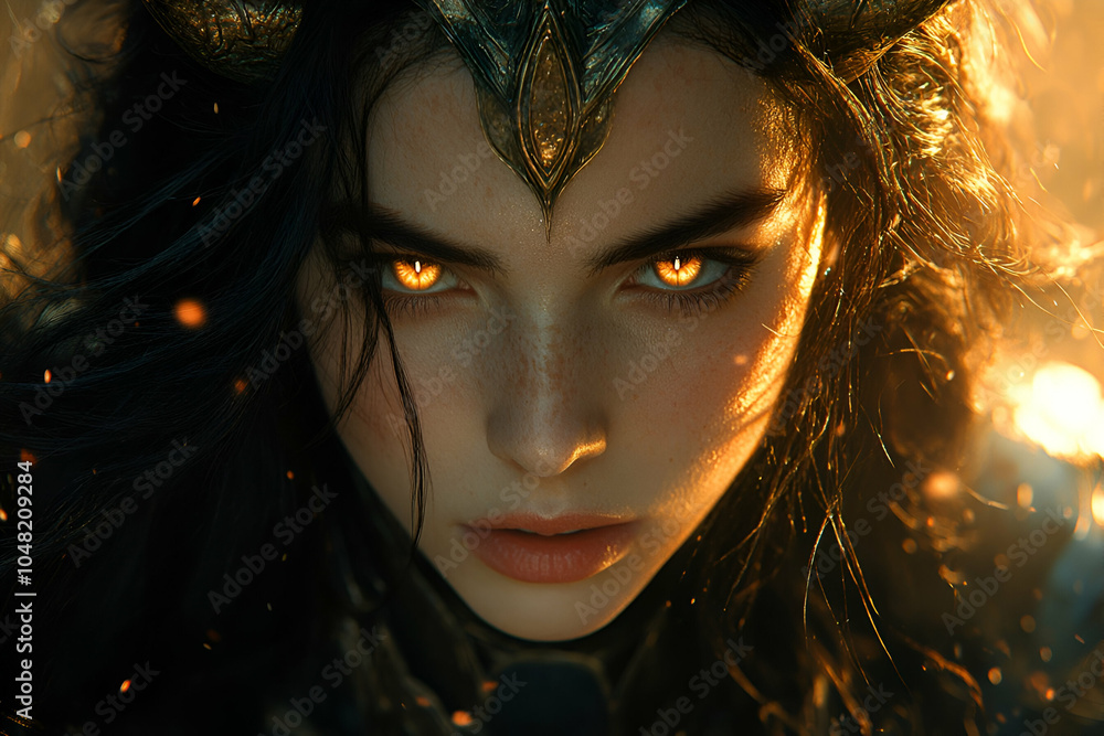 A fierce, captivating female character with glowing eyes and ornate headgear, surrounded by a mystical atmosphere. A fierce, captivating female character with glowing eyes and ornate headgear, surrounded by a mystical atmosphere.