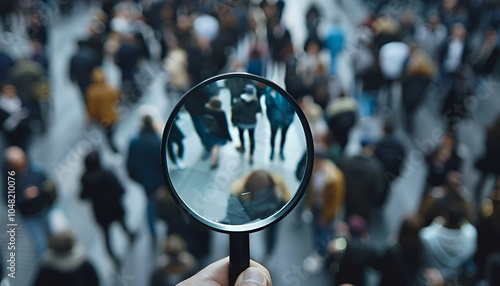 businessman is studing a crowd of people with a magnifying glass. Hr search candidates for work, staff recruiting photo