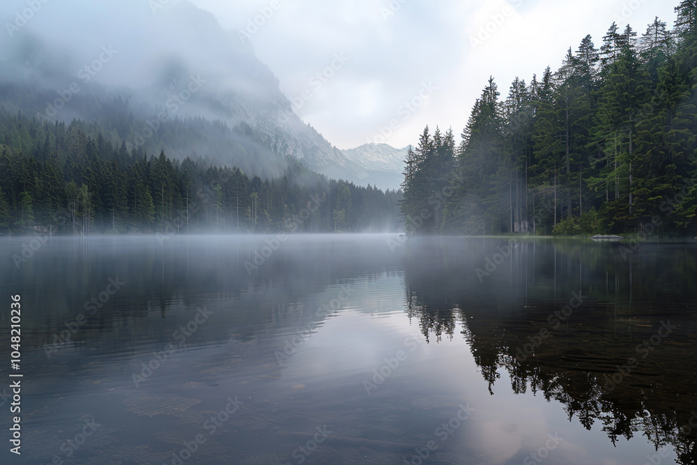 Fototapeta premium A misty mountain range is reflected in the calm lake